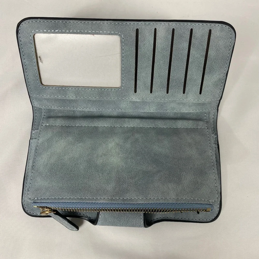 Womens Wallet Blue Faux Suede Bifold Zip Around Multi Card Holder ID Window NWT‎